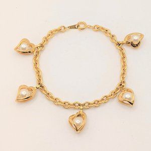 Vintage Faux Pearl Heart Charm Bracelet